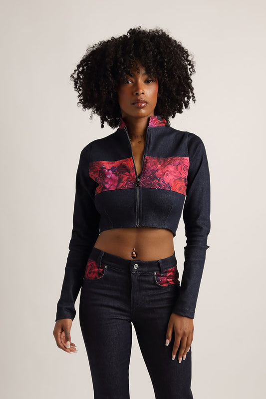 Faces in Red Cropped Motorcycle Jacket