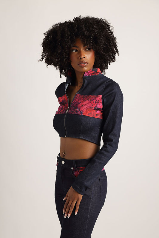 Faces in Red Cropped Motorcycle Jacket
